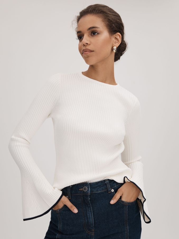 Florere Ribbed Fluted Cuff Jumper in Off White (Q83371) | US$62