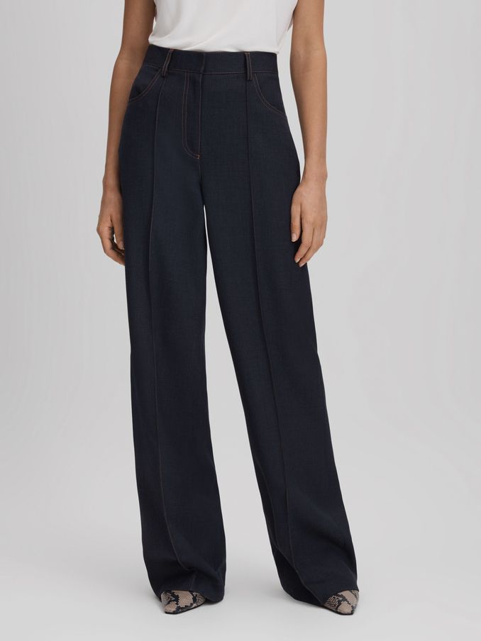 Wool Blend Denim Look Suit Trousers in Navy (Q83379) | US$213