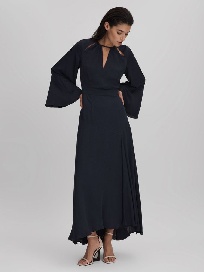 Flute Sleeve Midi Dress in Navy (Q83381) | $241