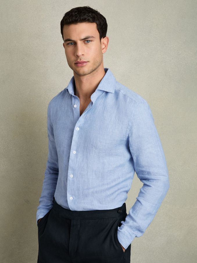 Linen Button-Through Shirt in Sky Blue (Q83383) | US$80