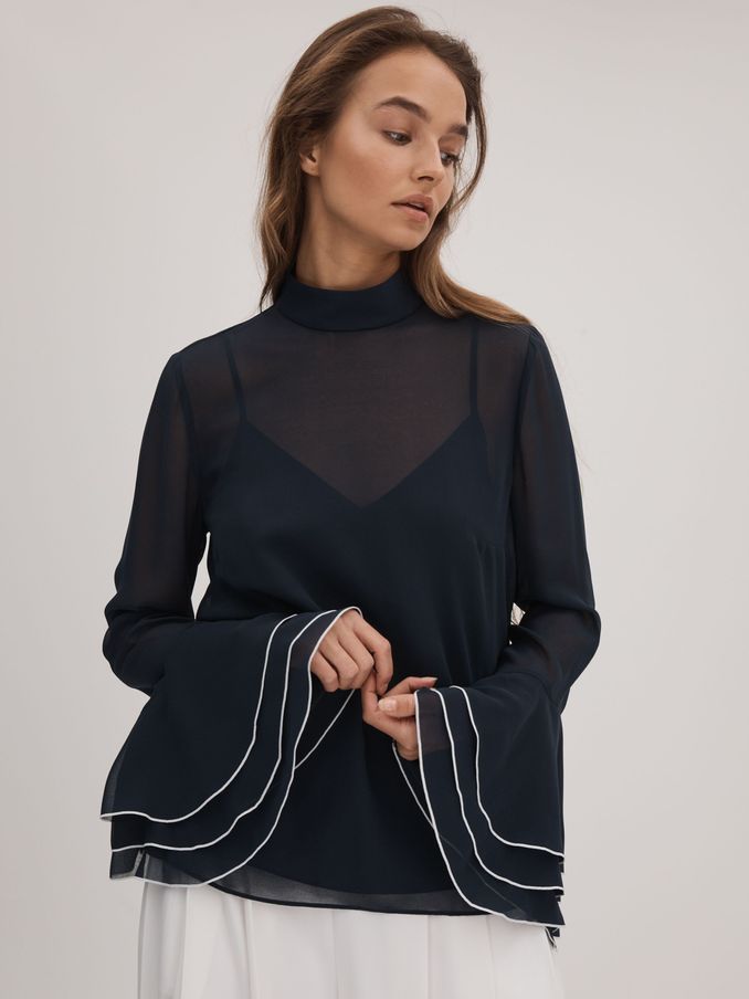 Florere Fluted Cuff Blouse in Navy (Q83388) | US$62