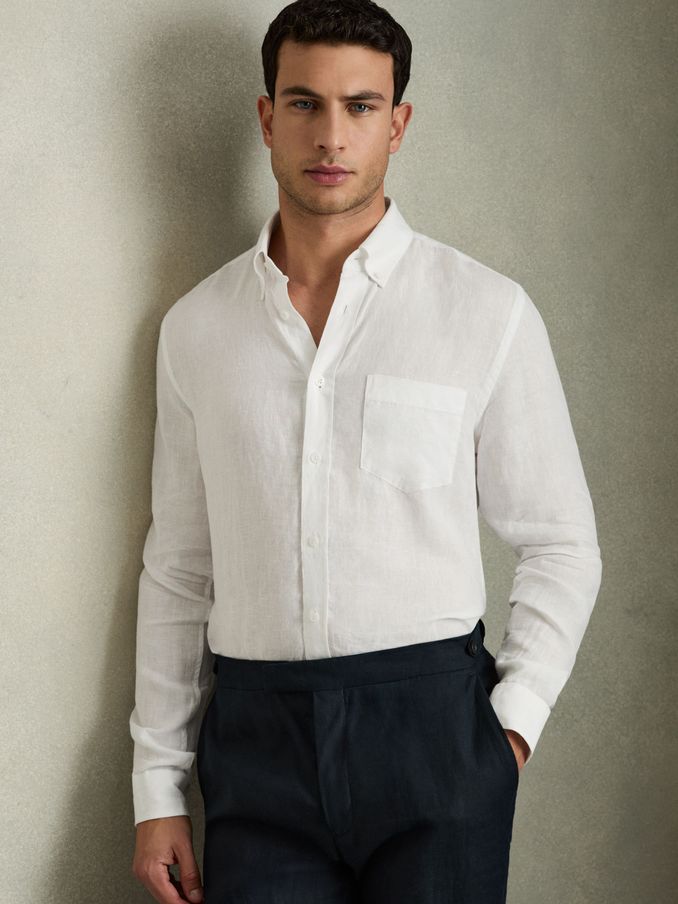 100% Linen Button-Down Collar Shirt in White (Q83389) | €68