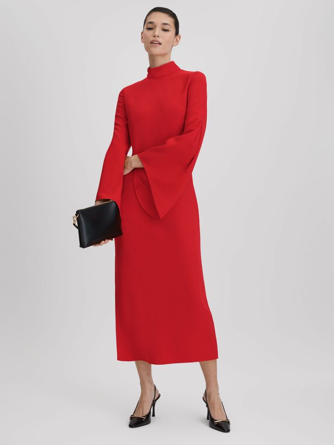 Flute Sleeve Bodycon Midi Dress in Red (Q83394) | US$226