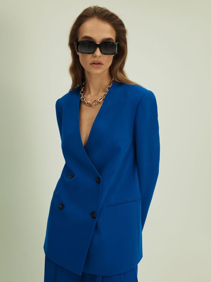 Florere Collarless Double Breasted Blazer in Bright Blue (Q83398) | US$98