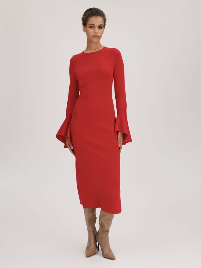 Florere Fitted Fluted Cuff Midi Dress in Red (Q83400) | €72