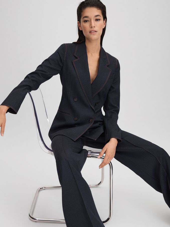Wool Blend Denim Look Suit Blazer in Navy (Q83404) | US$307