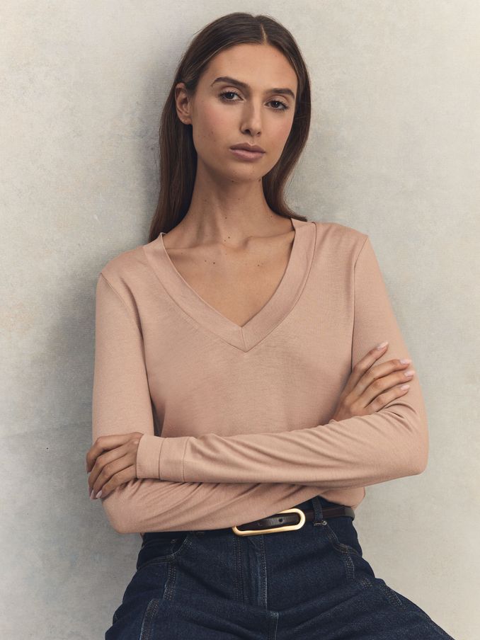 Jersey V-Neck Top in Camel (Q83406) | €95