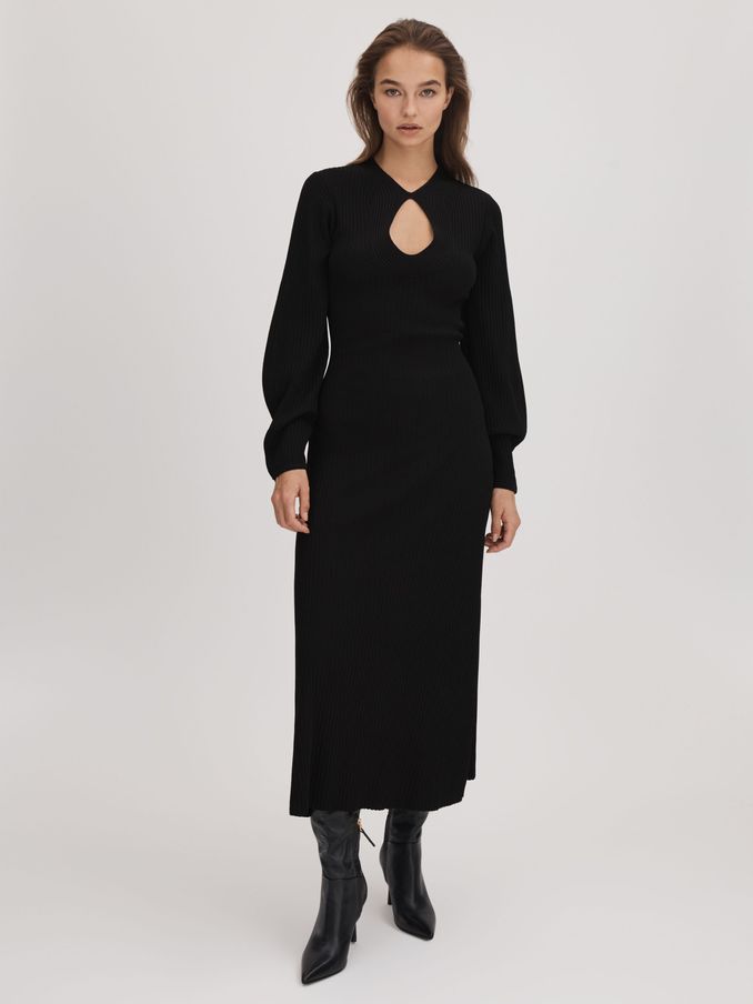 Florere Ribbed Blouson Sleeve Midi Dress in Black (Q83415) | US$71