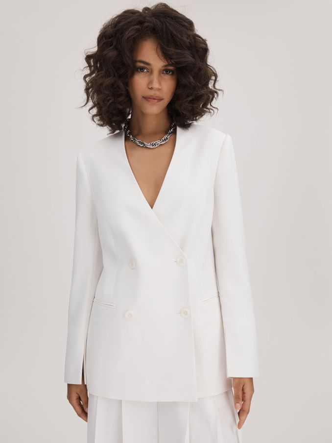 Florere Collarless Double Breasted Blazer in Ivory (Q83418) | €84