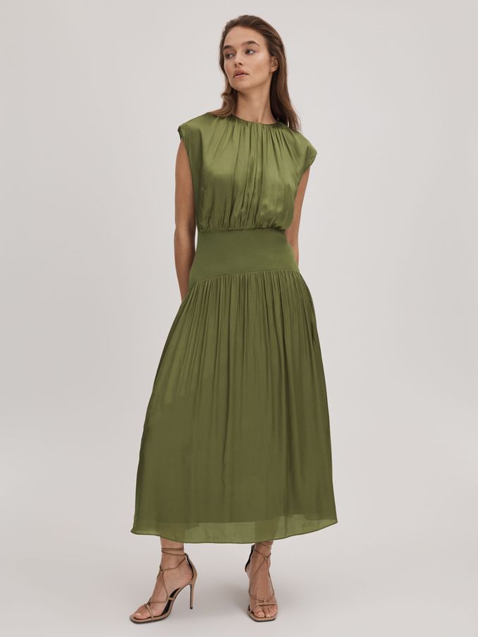 Florere Dropped Waist Midi Dress in Khaki (Q85789) | US$98