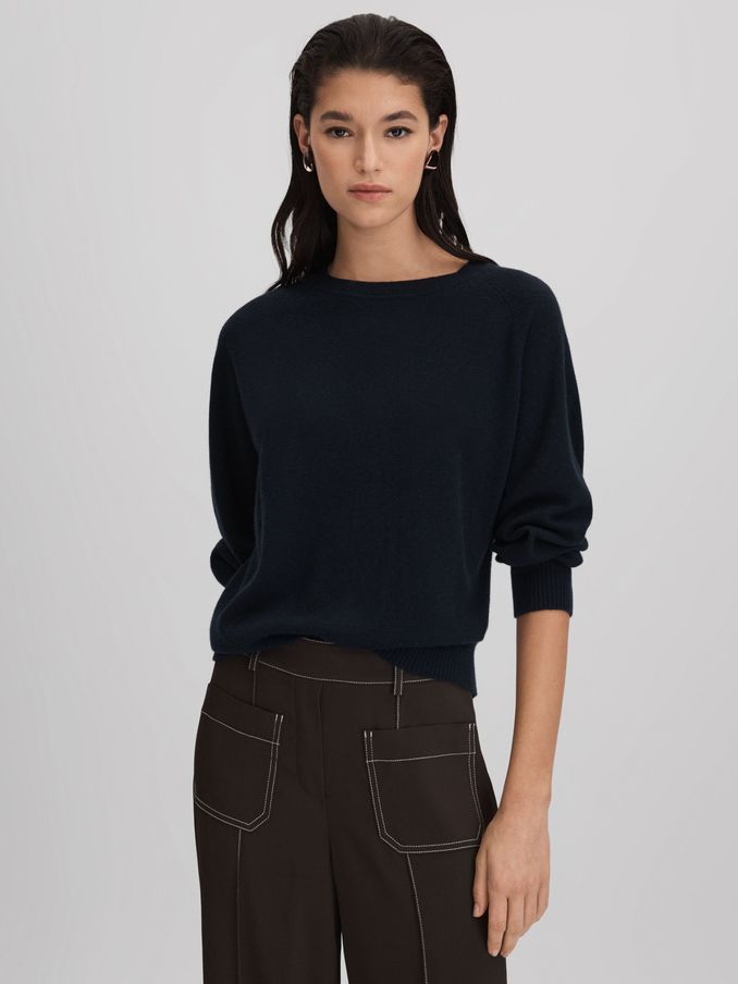 Oversized Wool Blend Crew Neck Jumper in Navy (Q85790) | US$111