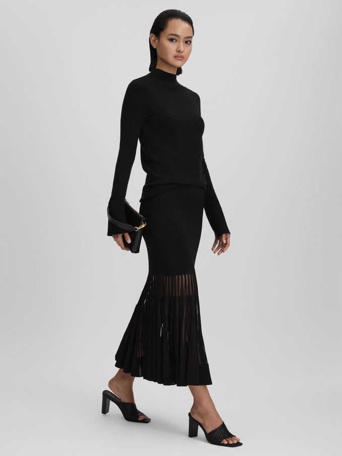 Knitted Sheer Flared Midi Skirt in Black (Q85799) | US$115