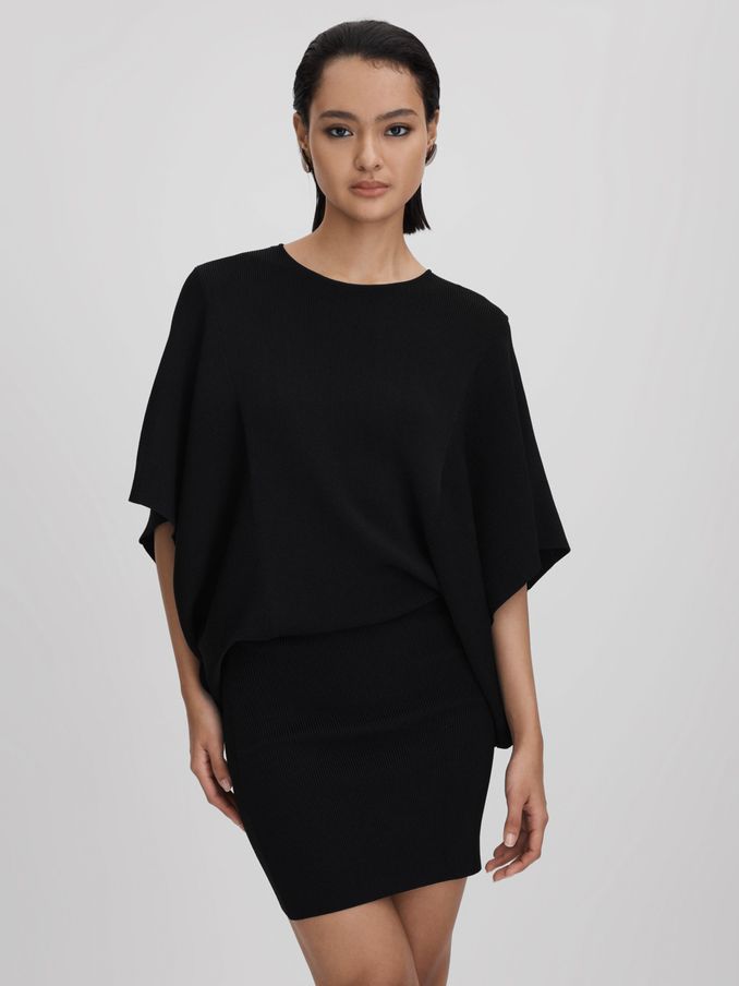 Knitted Cape Sleeve Mini Dress in Black (Q85809) | US$115