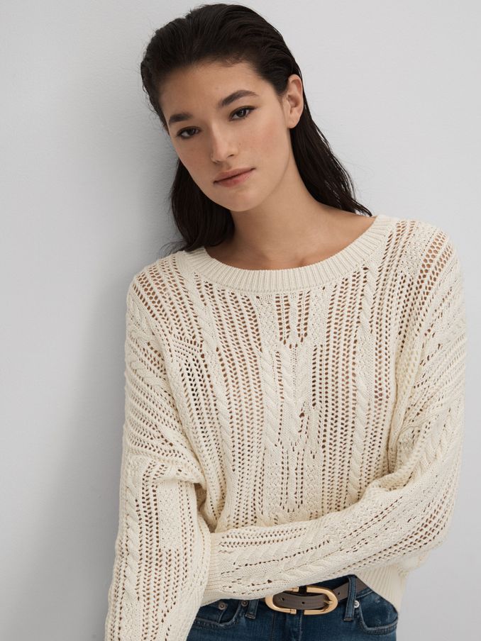 Cotton Blend Open Stitch Crew Neck Jumper in Ivory (Q85811) | €69