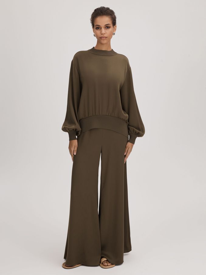 Florere Wide Leg Satin Trousers in Dark Khaki (Q85812) | €72