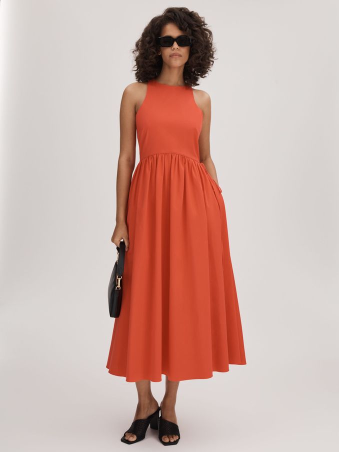 Florere Side Tie Midi Dress in Deep Coral (Q85813) | US$98