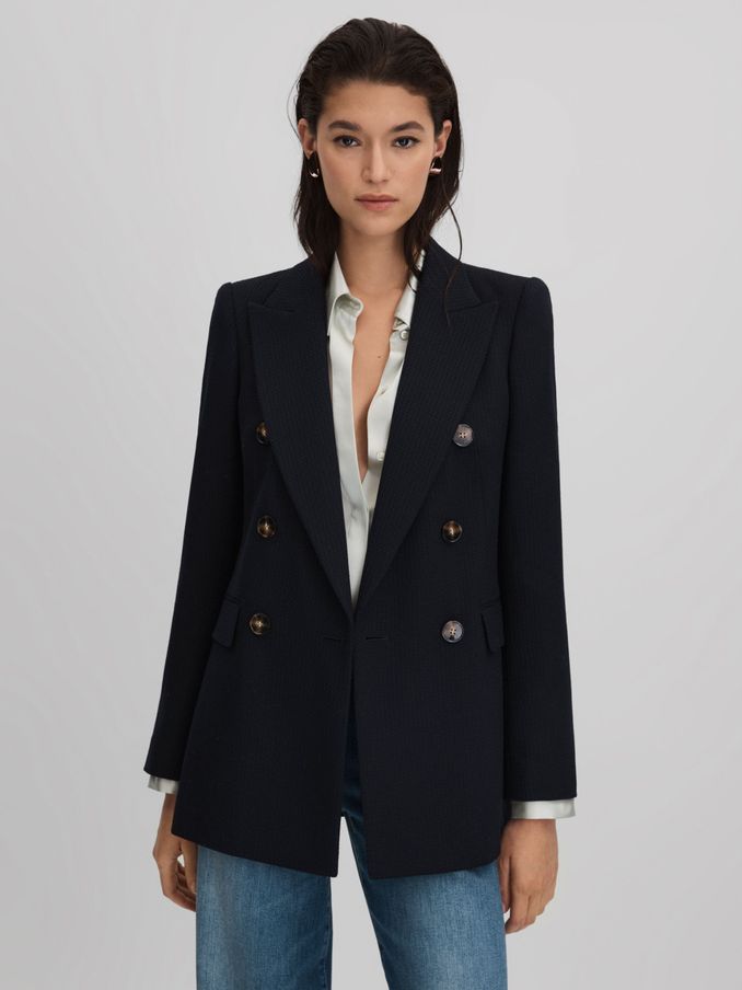 Lana Navy Tailored Textured Wool Blend Double Breasted Blazer (Q85814) | US$273