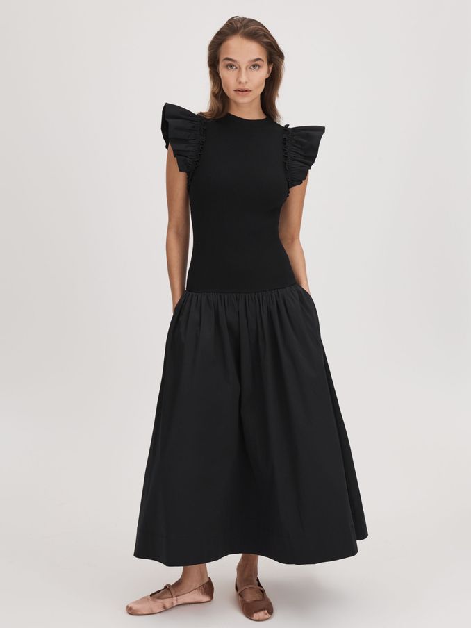 Florere Ruffle Sleeve Midi Dress in Black (Q85815) | €84