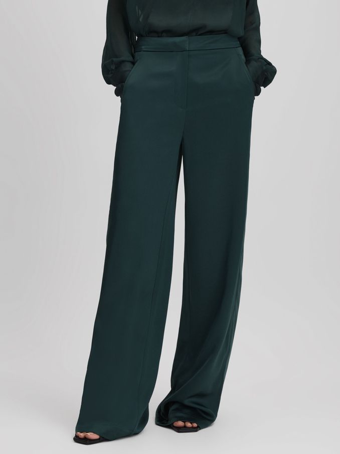 Satin Wide Leg Trousers in Green (Q85818) | US$132