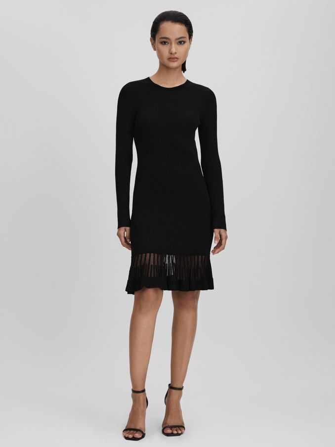 Knitted Sheer Flared Mini Dress in Black (Q85821) | $157