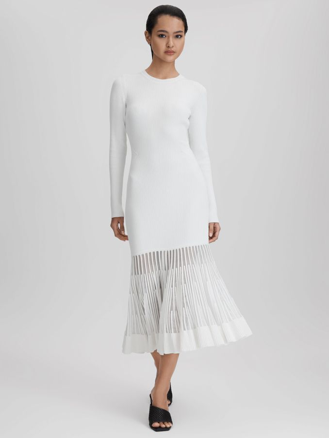 Knitted Sheer Flared Midi Dress in Cream (Q85822) | US$173