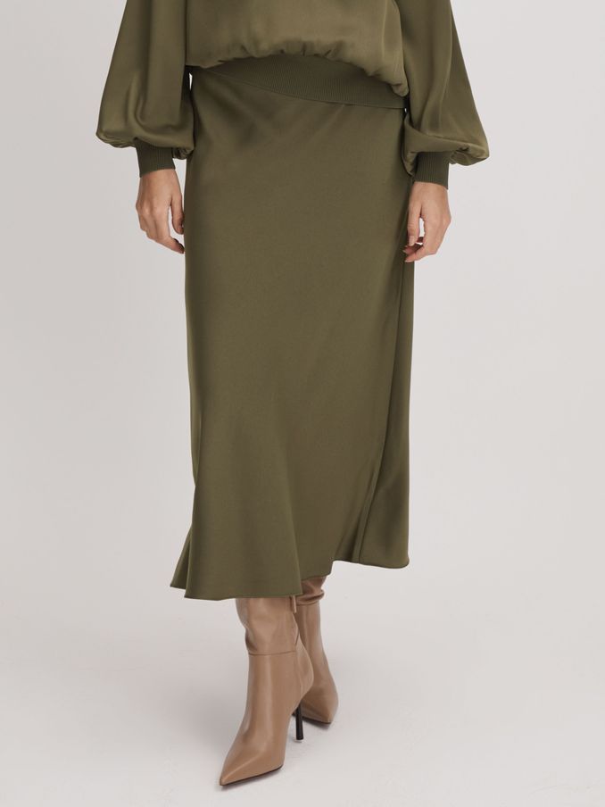 Florere Satin Midi Skirt in Dark Khaki (Q85828) | 148 SAR
