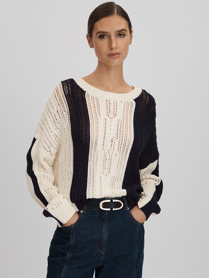 Cotton Blend Open Stitch Crew Neck Jumper in Cream/Navy (Q85830) | US$94