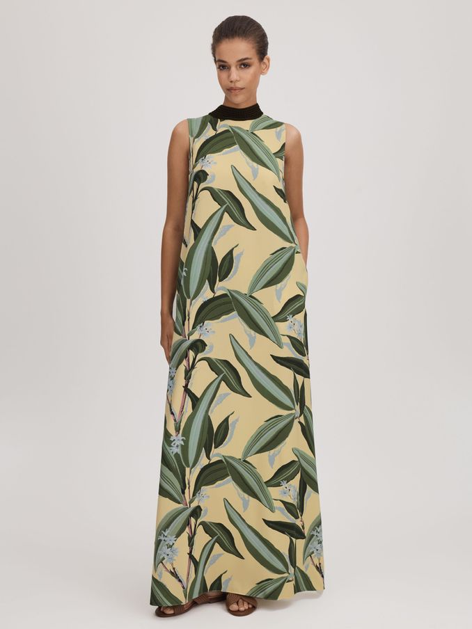 Florere Printed High Neck Maxi Dress in Pale Yellow (Q85848) | €72