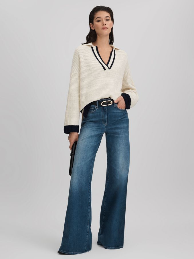 Wool Blend Open Collar Jumper in Cream/Navy (Q85855) | CHF 97