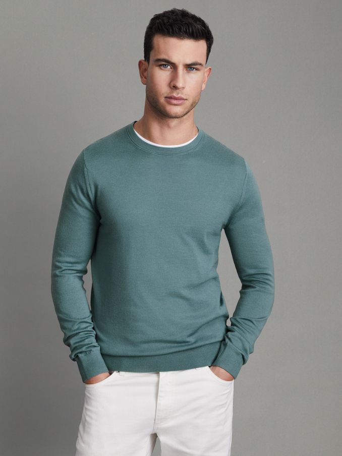 Merino Wool Crew Neck Jumper in Ocean Green (Q86051) | $84