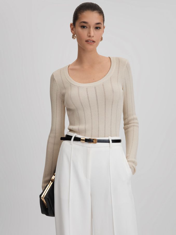 Knitted Scoop Neck Top in Cream (Q87403) | US$65