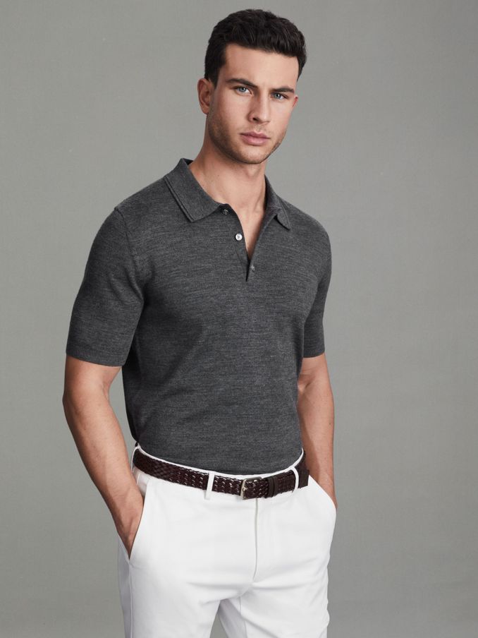 Slim Fit Merino Wool Polo Shirt in Derby Grey Marl (Q87413) | €75