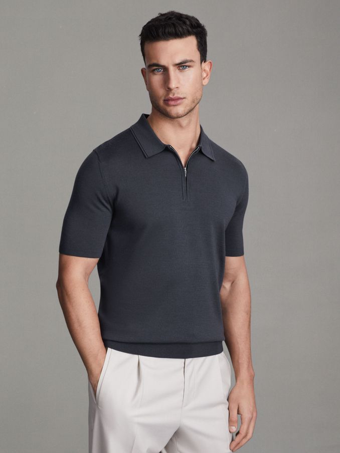 Maxwell Blue Smoke Merino Wool Half-Zip Polo Shirt (Q87424) | $70