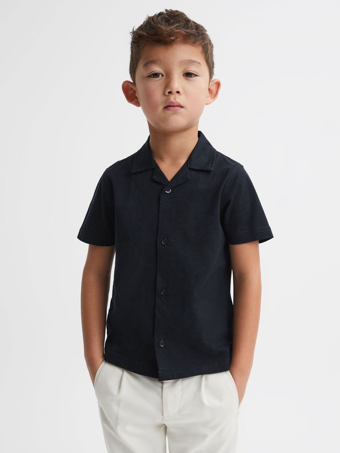 Cotton Cuban Collar Shirt in Navy (Q87425) | €11