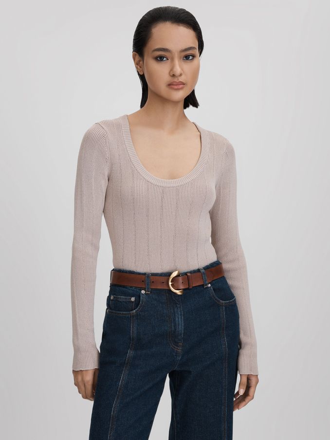 Knitted Scoop Neck Top in Neutral (Q87458) | US$78