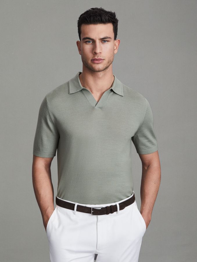 Merino Wool Open Collar Polo Shirt in Pistachio (Q87759) | $72