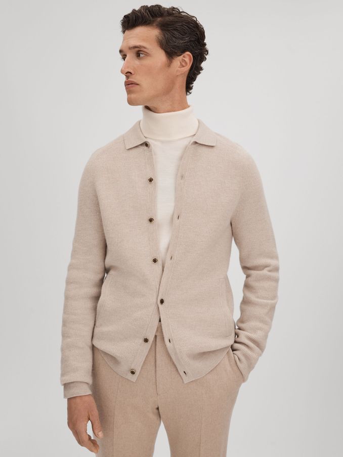Ribbed Wool Cardigan in Oatmeal Melange (Q87760) | US$94