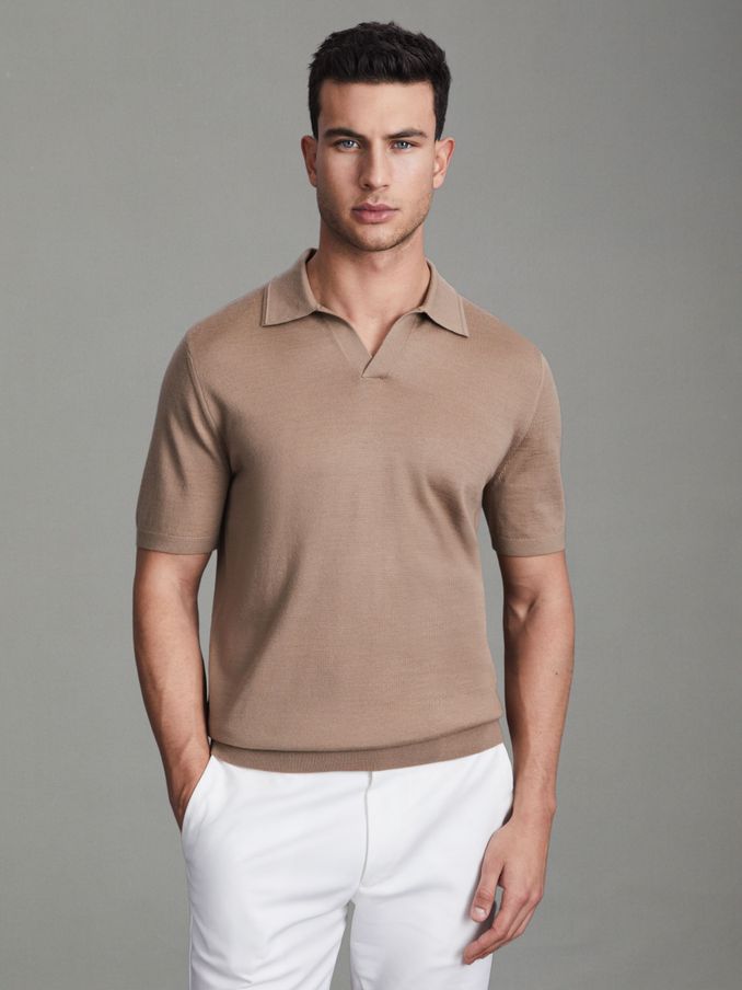 Merino Wool Open Collar Polo Shirt in Camel (Q87762) | US$79