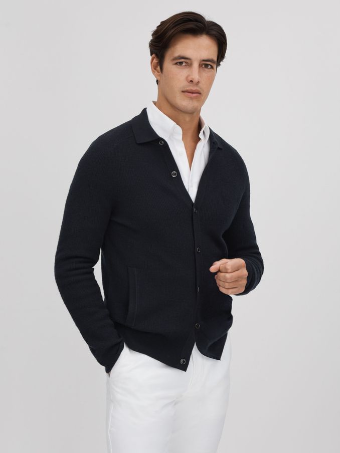 Ribbed Wool Cardigan in Navy (Q87779) | US$110