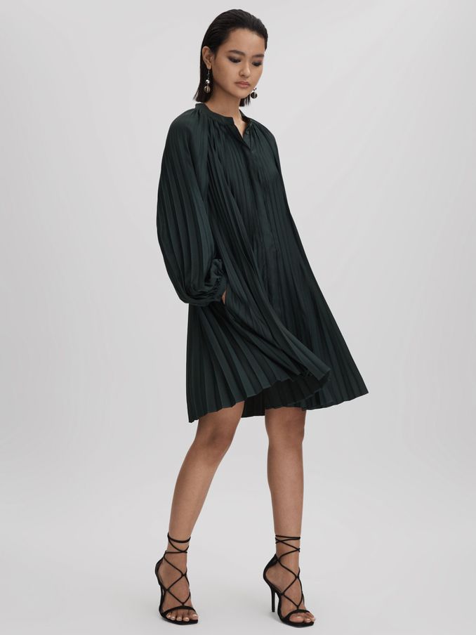 Pleated Belted Mini Dress in Green (Q88517) | €79