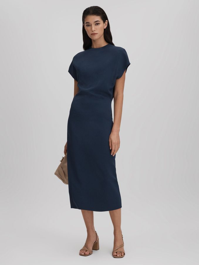 Ruched Bodycon Midi Dress in Navy (Q88571) | CA$160