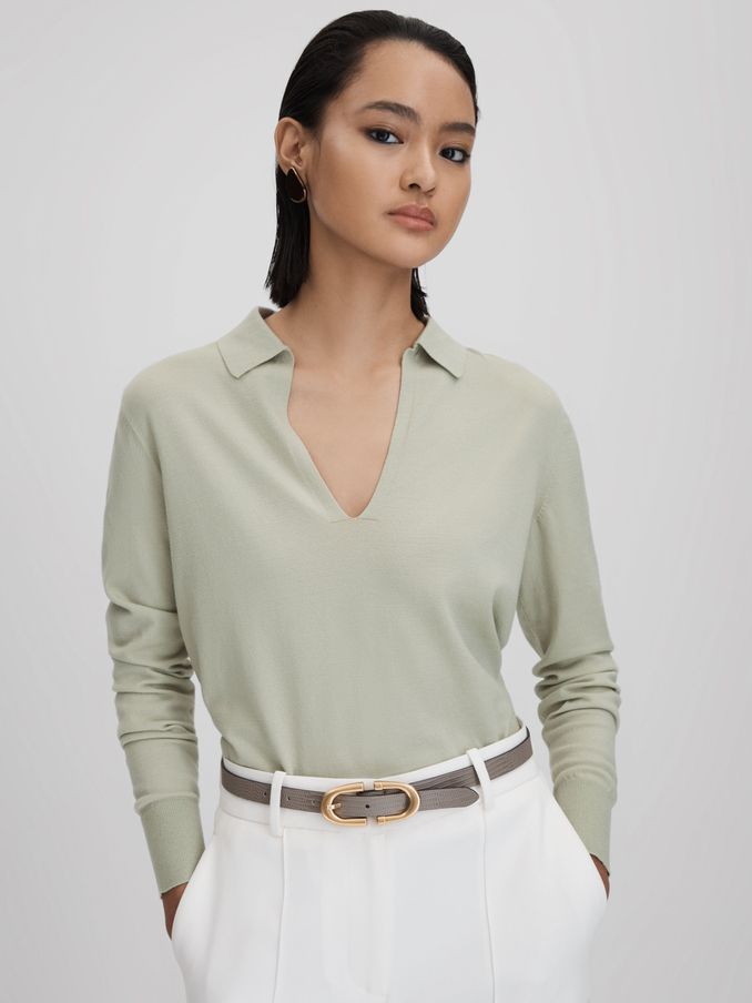 Knitted Collared V-Neck Top in Sage (Q88574) | CA$73