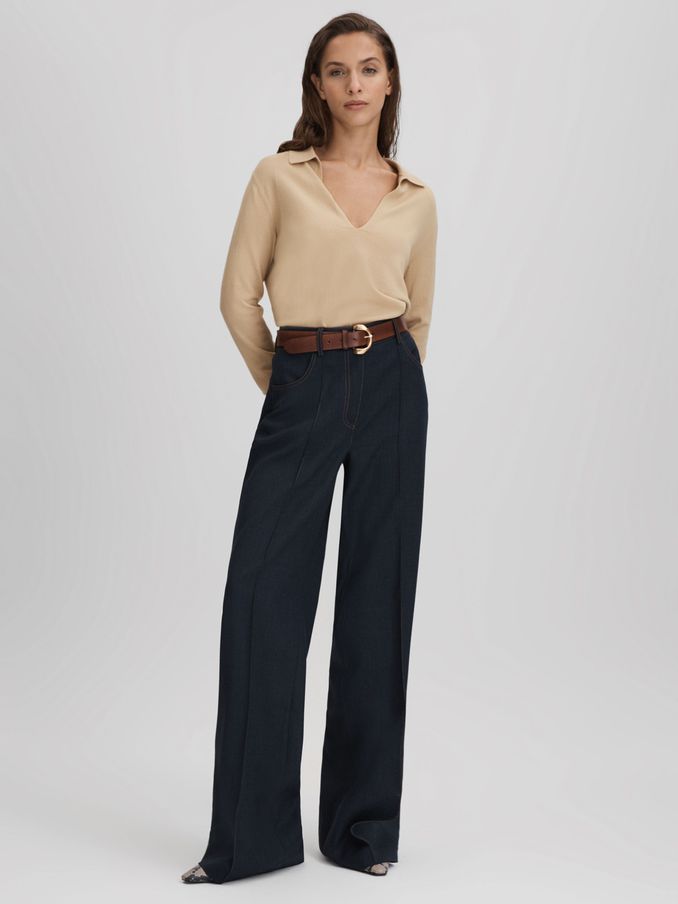 Knitted Collared V-Neck Top in Stone (Q88580) | €53