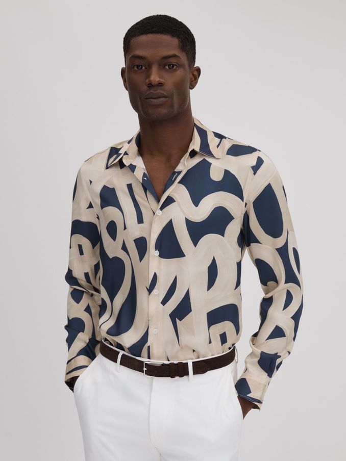 Painted Button-Through Shirt in Navy/Ecru (Q89864) | US$94