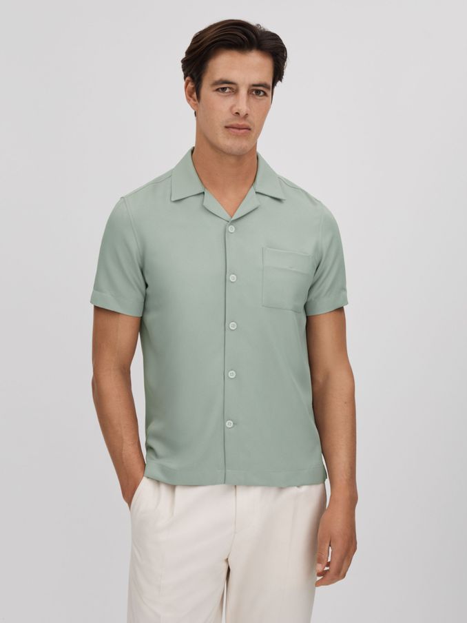 Cuban Collar Button-Through Shirt in Pistachio (Q90429) | US$49