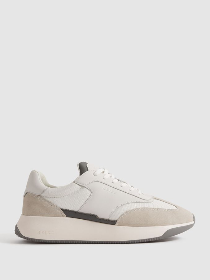 Leather Suede Running Trainers in Off White (Q90451) | US$142
