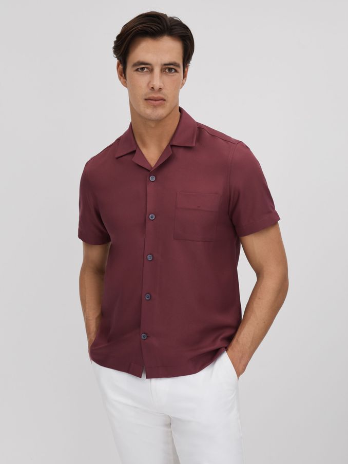 Cuban Collar Button-Through Shirt in Brick Red (Q90457) | €39