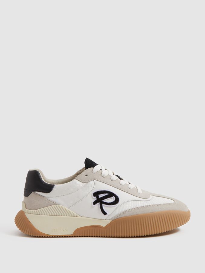 Leather Colourblock Running Trainers in White/Black (Q90461) | US$98