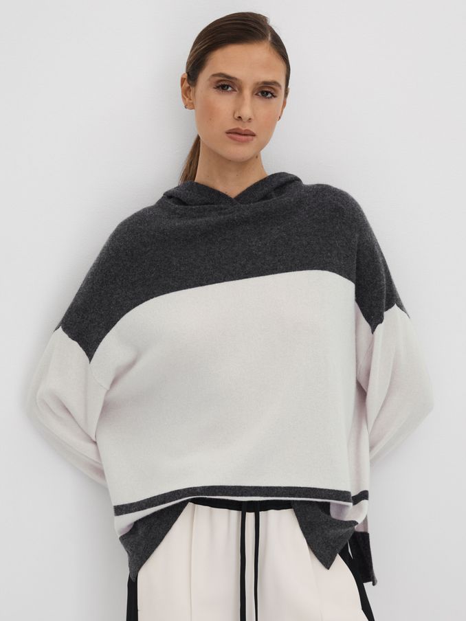Wool Blend Striped Hoodie in Charcoal/Ivory (Q90744) | €81