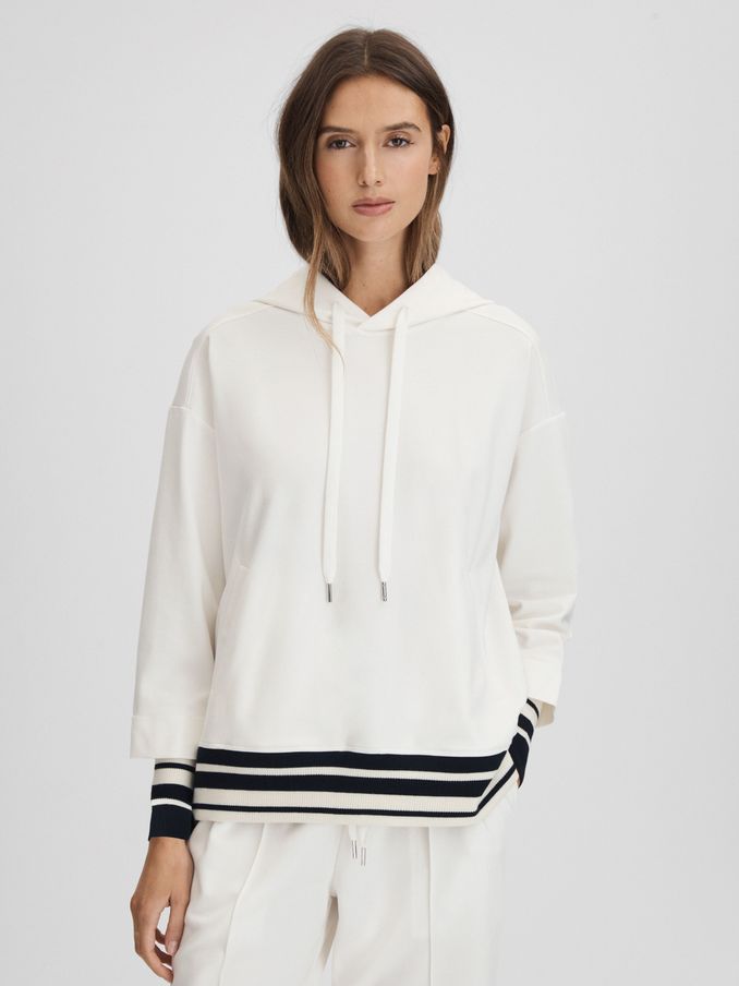 Striped Trim Hoodie in Navy/Ivory (Q90746) | US$110